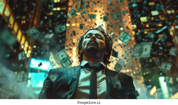 A man in a suit standing in the rain with money falling from the sky