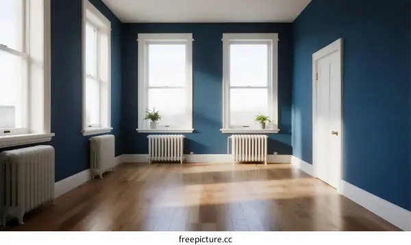 Bright room with blue walls and wooden floors and three windows