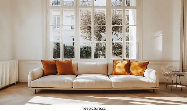 Cream Modern Sofa with Orange Cushions in a Classic Living Room