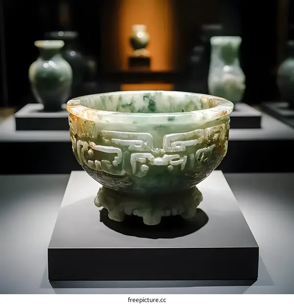 Ancient Jade Bowl with Carvings in a Museum Setting