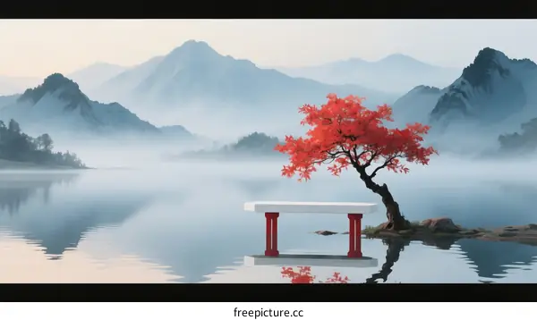 Peaceful Mountain Lake with Red Tree and Bench