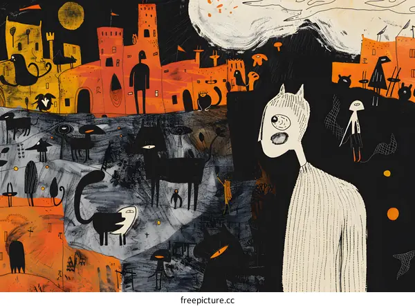 Surreal Illustration of a Person Standing in Front of a Castle with Animals and People