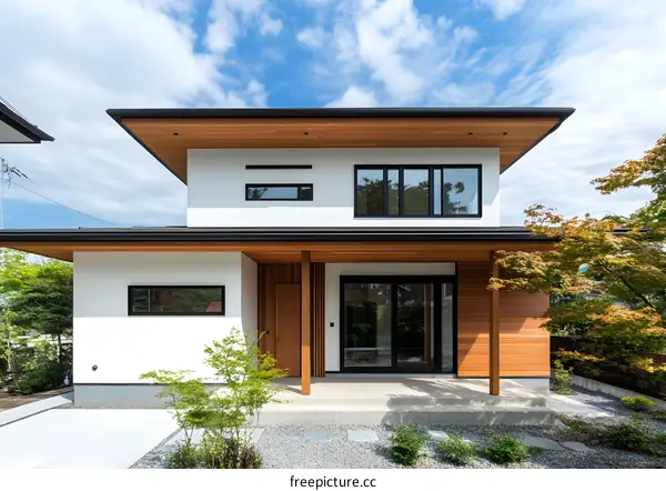 Modern White House with Wooden Accents and Large Windows