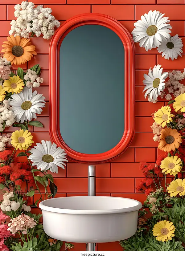 Red Brick Wall Bathroom Sink With Flower Decor