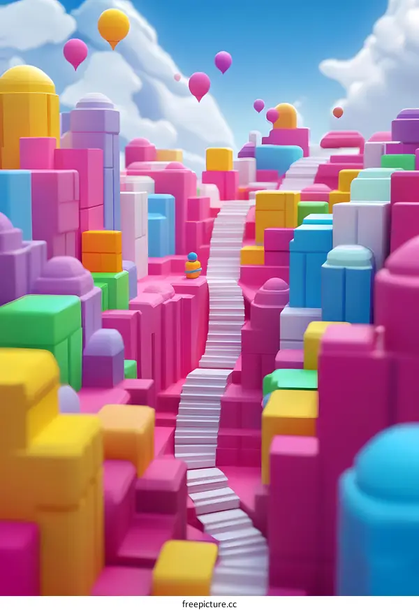 Colorful 3D Illustration of a City with Stairs Leading Upward