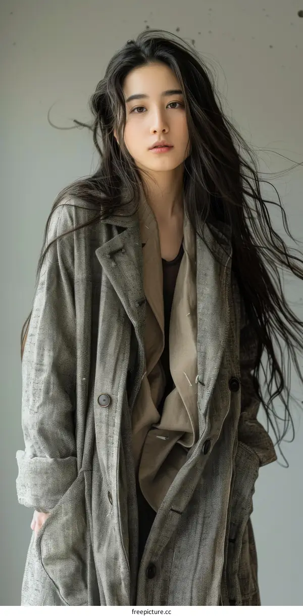 Portrait of a young Asian woman with long black hair wearing a brown coat