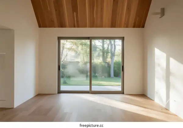 Spacious room with large sliding door and wooden ceiling