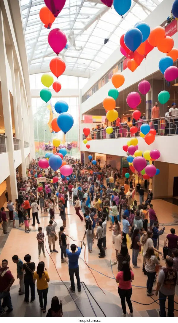 Crowded atrium with colorful balloons