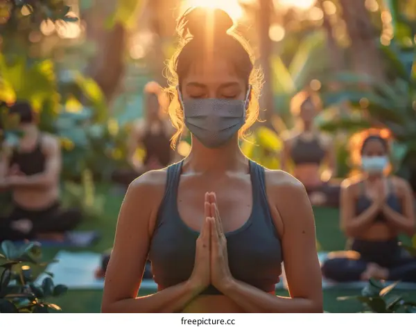 A group of people doing yoga in a park