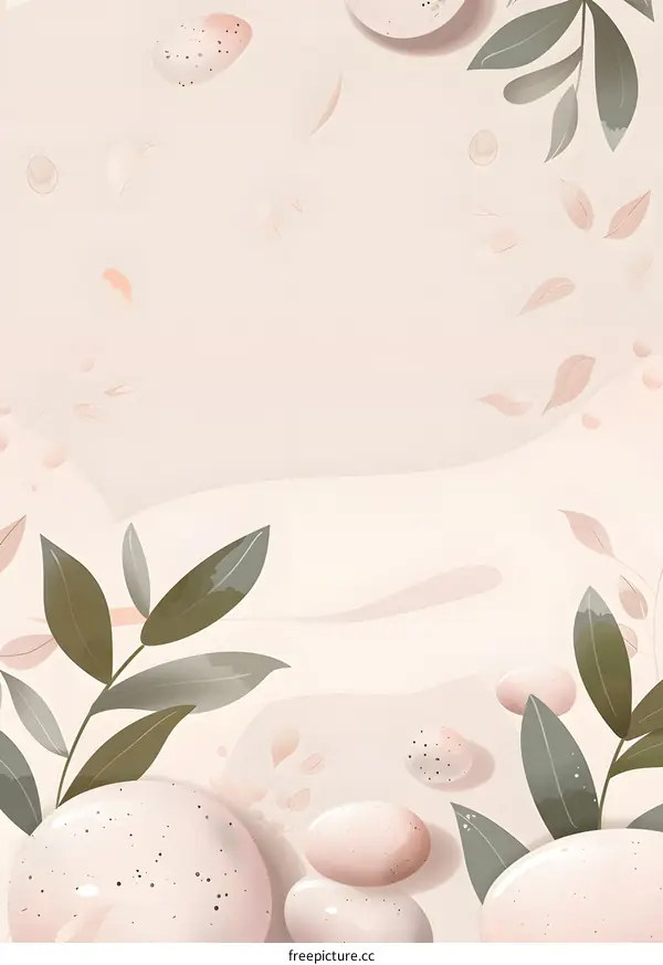 Abstract Minimalist Illustration with Eggs and Green Leaves on a Peach Background