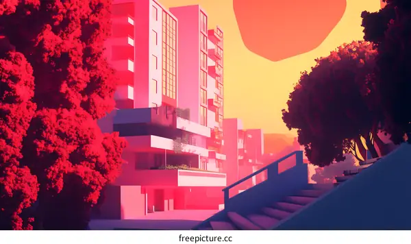 Abstract Illustration of Pink Buildings and Trees with a Sunset
