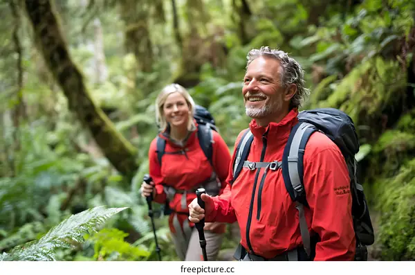 Couple Hiking Through Green Forest Trail
