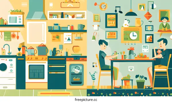 Couple Sitting at Kitchen Table Eating Breakfast With Cat