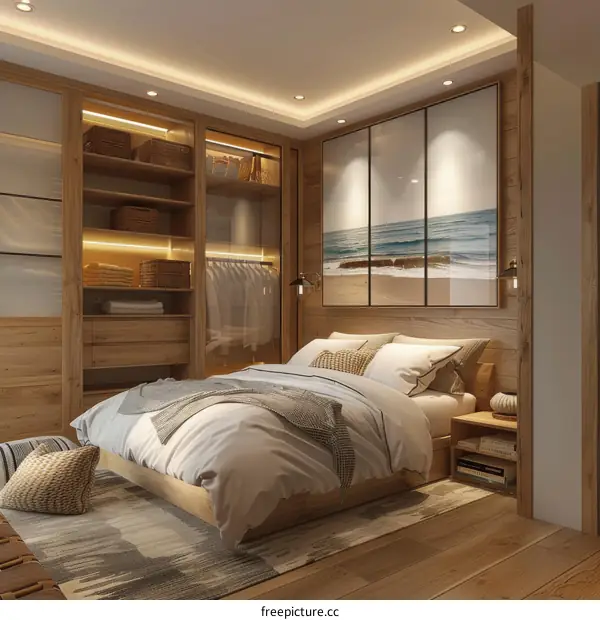 Oak wood custom wardrobe sliding door tatami bed Nordic modern minimalist bedroom furniture