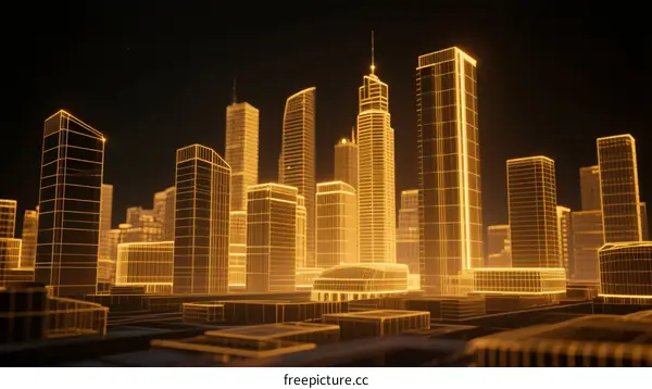 Glowing Modern City Skyscrapers at Night with Urban Architecture