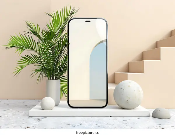 Minimalist Phone Mockup with Palm Tree and Geometric Shapes