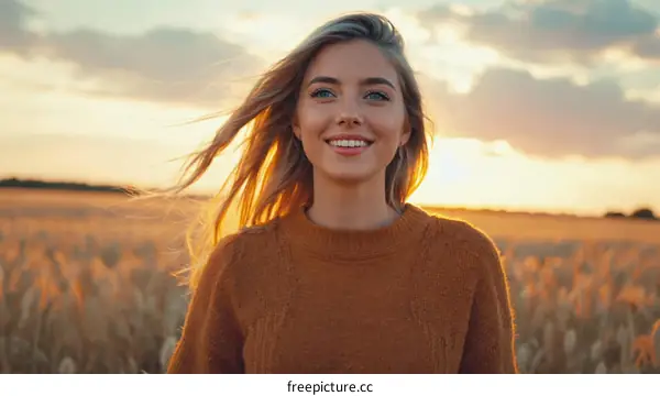 Woman Smiling in a Golden Wheat Field at Sunset