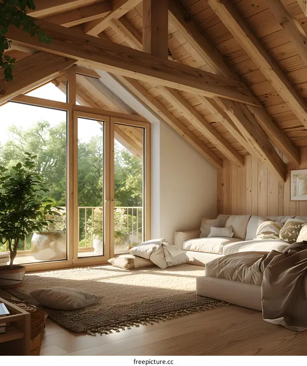 A cozy living room with a large window and a comfortable sofa