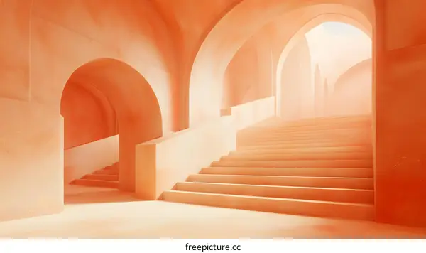 Symmetrical surreal minimal interior space with arches and stairs