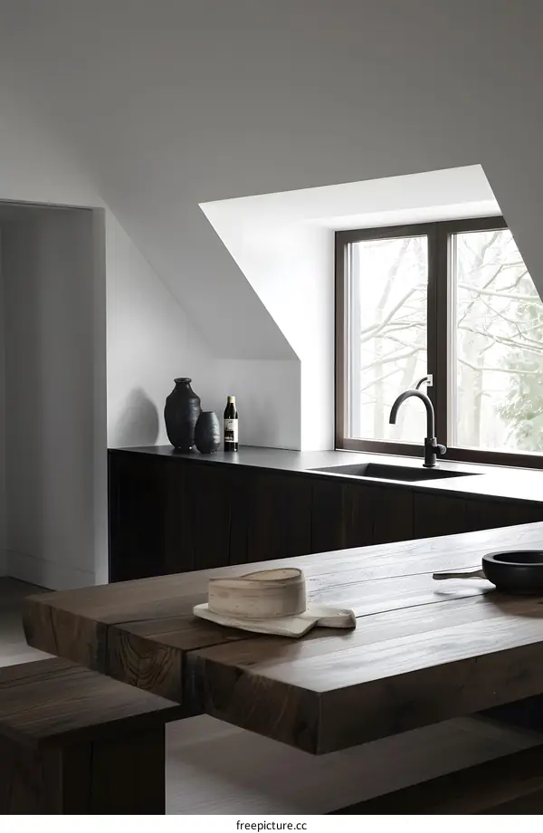 Modern Kitchen Interior Design with Rustic Wood Table and Black Cabinets