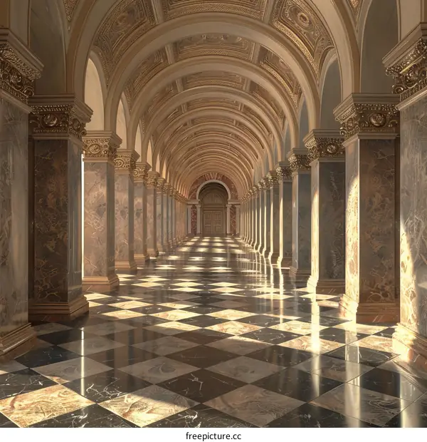 A grand hallway with marble columns and a checkered floor