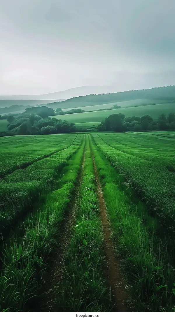 Countryside dirt road through a lush green field