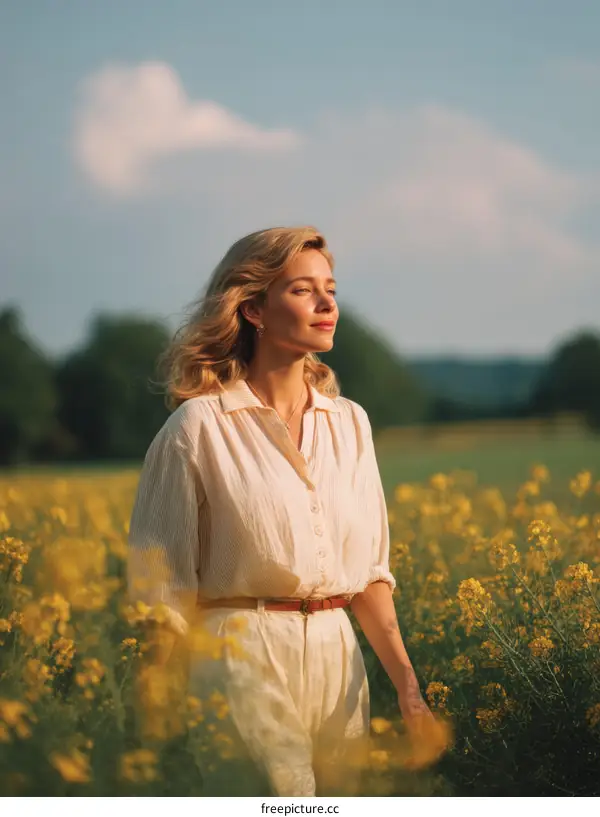 Woman in a field of rapeseed flowers