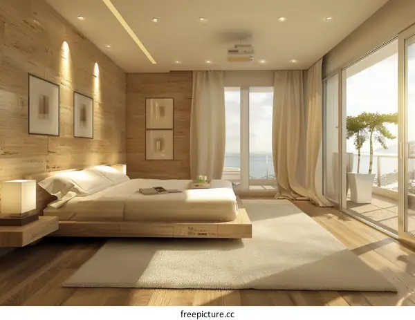 Modern bedroom interior design with wooden wall and sea view