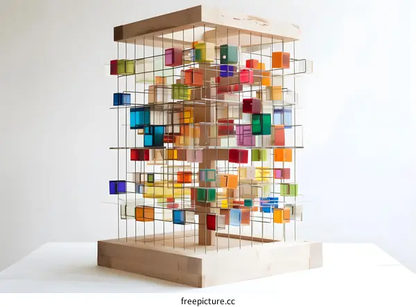 Colorful Glass Cubes Model Suspended Inside A Wooden Structure