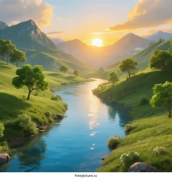 Beautiful Mountain River at Sunset with Lush Green Hills
