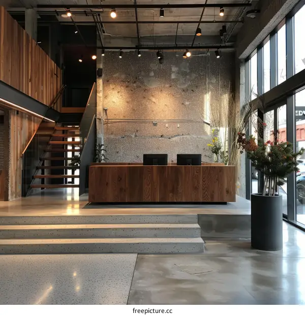 Modern office lobby interior with wood reception desk and stone wall