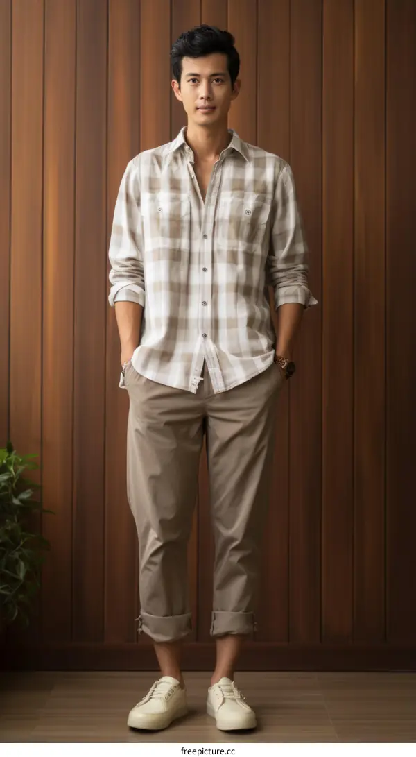 Asian man wearing a plaid flannel shirt and khaki pants