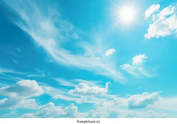 Blue sky with white clouds and bright sun