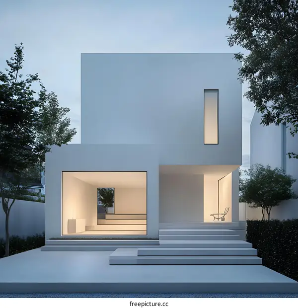 Modern Minimalist House Exterior Design with Large Windows and White Walls