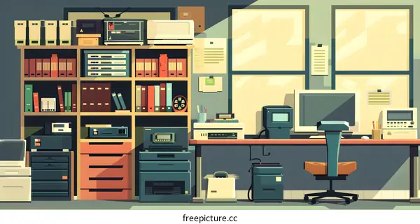 Retro Office Workspace with Desk and Computer Equipment