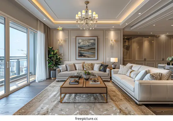 Luxurious Living Room with Floor-to-Ceiling Windows and Balcony