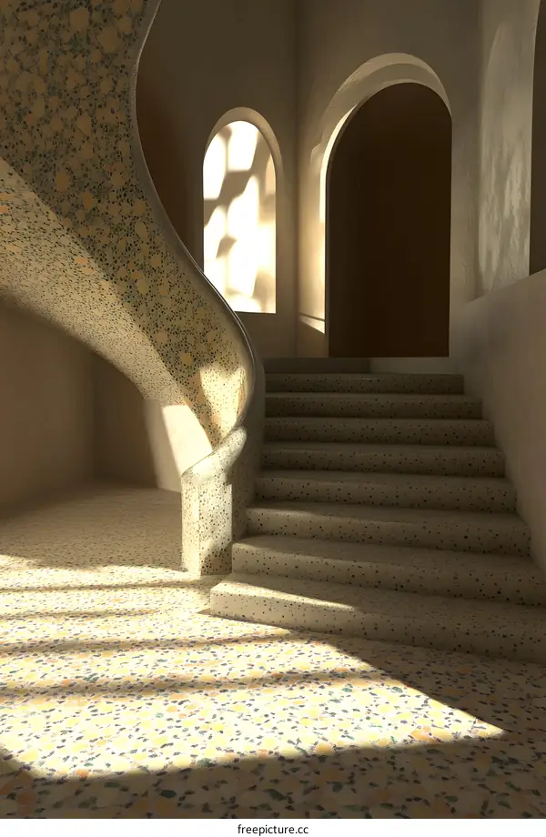 Curved Staircase with Archways in a Building with Mosaic Tile