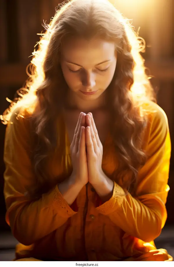 Young woman praying with eyes closed and hands together