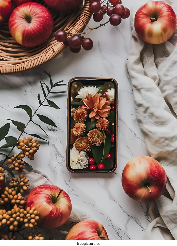 Autumn Flowers On Phone Screen With Red Apples And Grapes