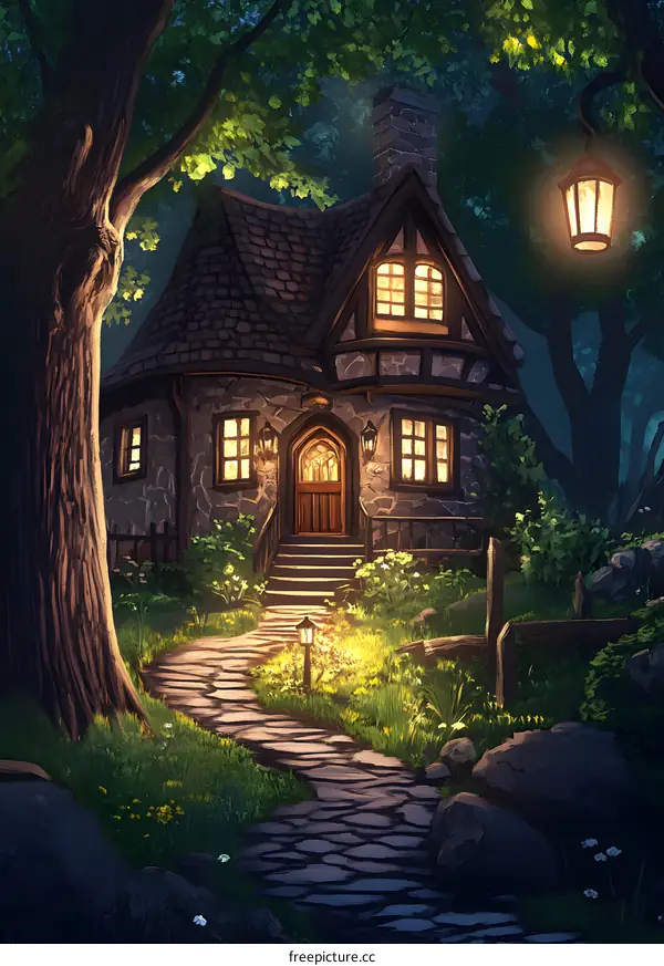 Stone Cottage in the Woods at Night