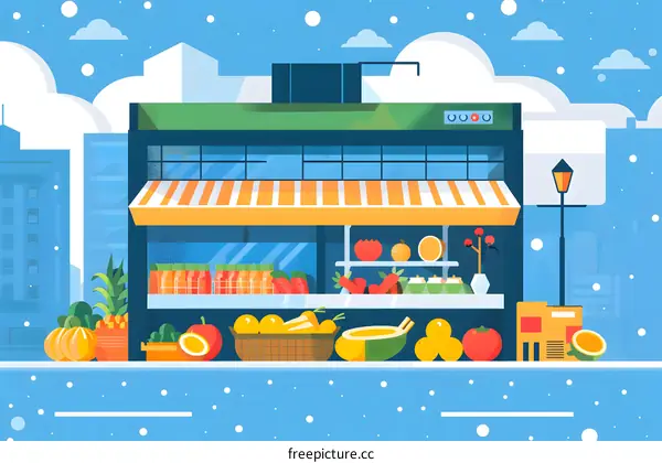 Winter Illustration of a Fruit Stand in the City