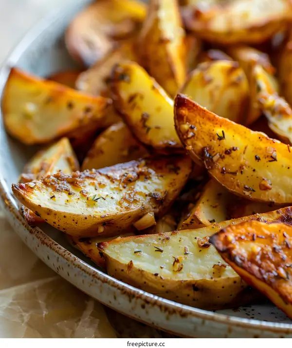 Close Up of Seasoned Roasted Potato Wedges