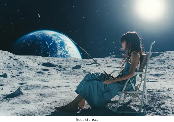 Child Fishing on the Moon with Earth in Background