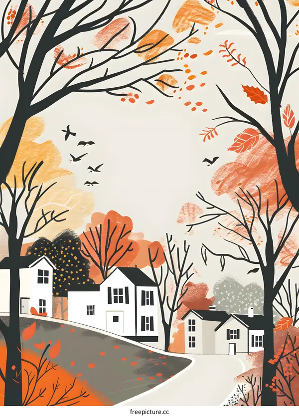 Autumn Landscape with Houses and Birds