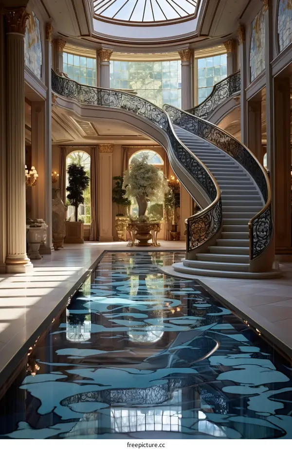 A staircase with a blue and white marble floor and a large window