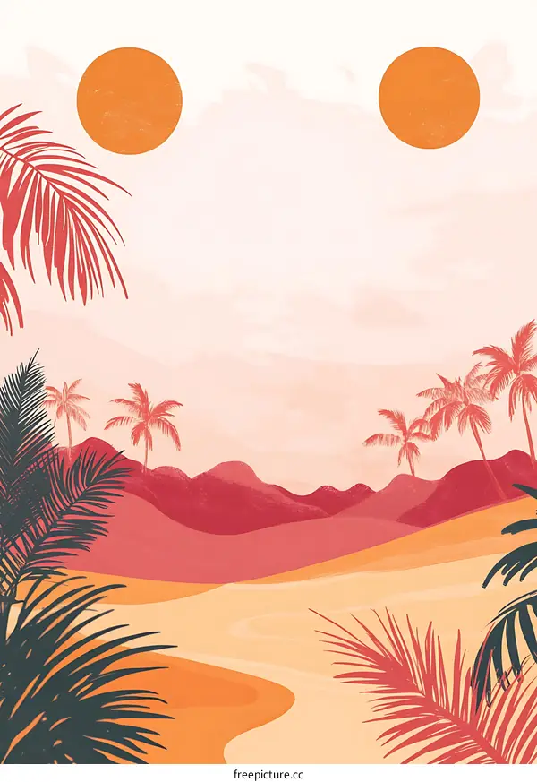 Abstract Desert Landscape with Palm Trees and Two Suns