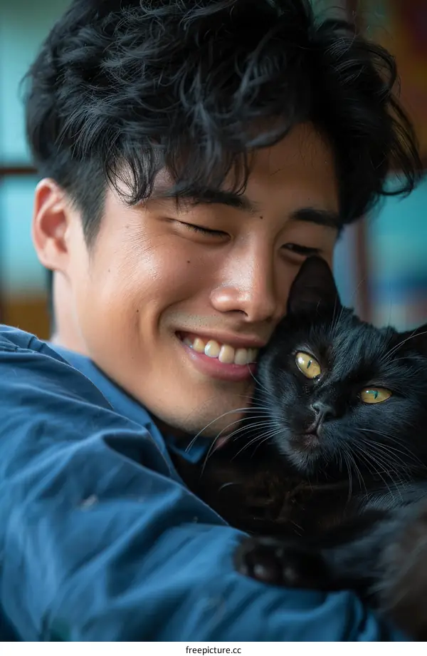 A young Asian man with curly hair is hugging a black cat.