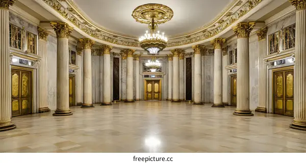 Golden Hallway With Marble Columns And Chandelier