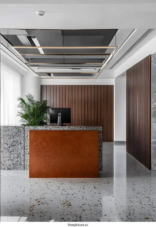 Modern Office Interior Design with Brown Wooden Panel Walls and Terrazzo Floor