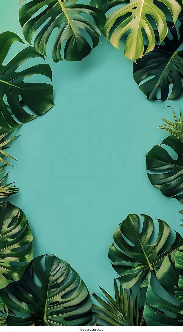 Tropical Green Leaves On A Teal Background